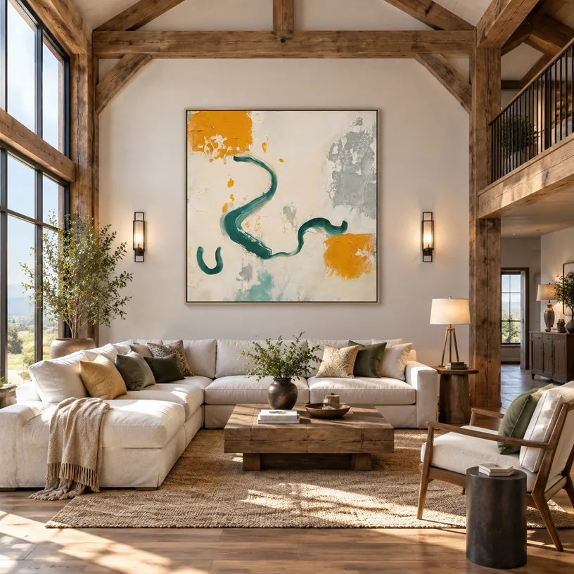 Wabi-Sabi abstract oil painting showing layered abstract marks, texture and expressive painterly movement in a beige palette.