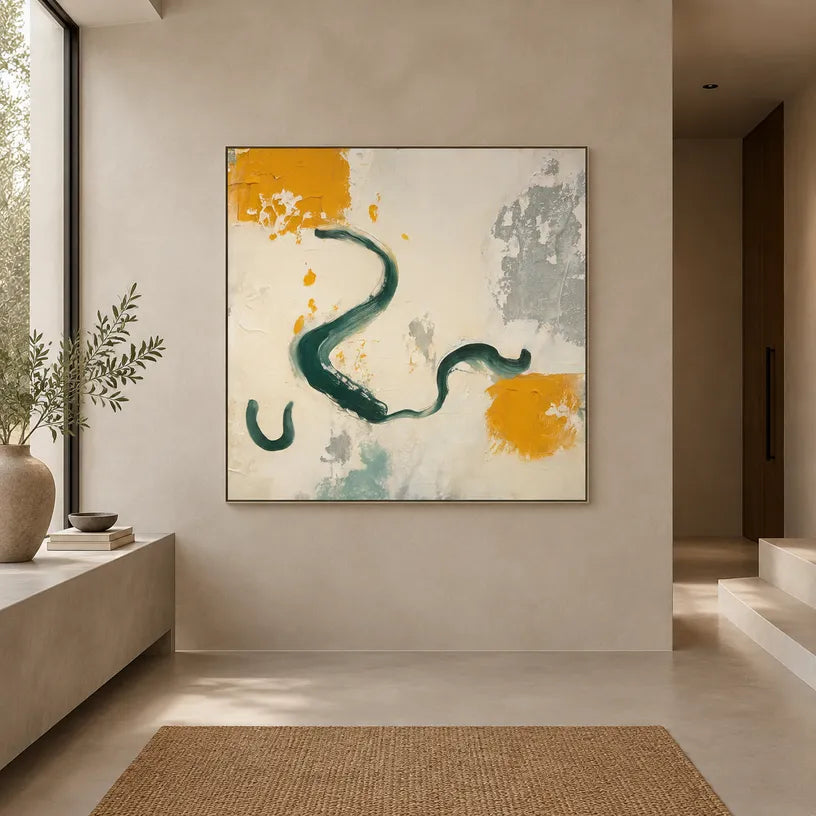 Wabi-Sabi abstract oil painting showing layered abstract marks, texture and expressive painterly movement in a beige palette.
