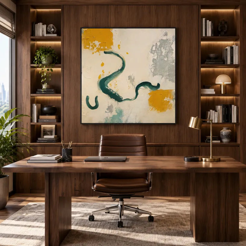Wabi-Sabi abstract oil painting showing layered abstract marks, texture and expressive painterly movement in a beige palette.