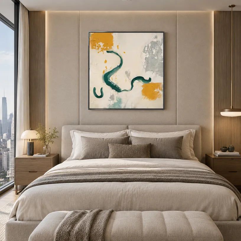 Wabi-Sabi abstract oil painting showing layered abstract marks, texture and expressive painterly movement in a beige palette.