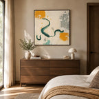 Wabi-Sabi abstract oil painting showing layered abstract marks, texture and expressive painterly movement in a beige palette.