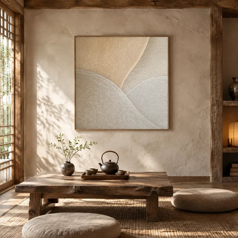 Abstraktes und konzeptuelles Ölgemälde von Wabi-Sabi mit geschichteten abstrakten Zeichen, Textur und ausdrucksstarker malerischer Bewegung in einer Beige-Palette.