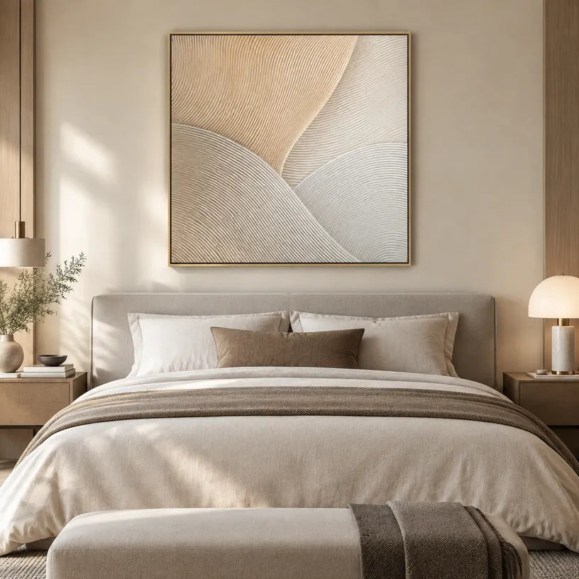 Wabi-Sabi abstract oil painting showing layered abstract marks, texture and expressive painterly movement in a brown palette.
