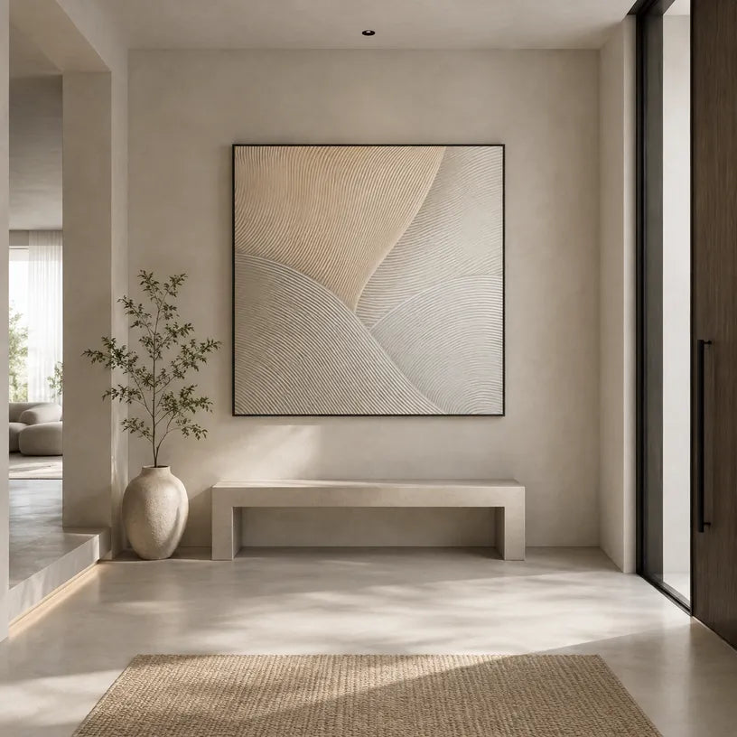 Wabi-Sabi abstract oil painting showing layered abstract marks, texture and expressive painterly movement in a brown palette.