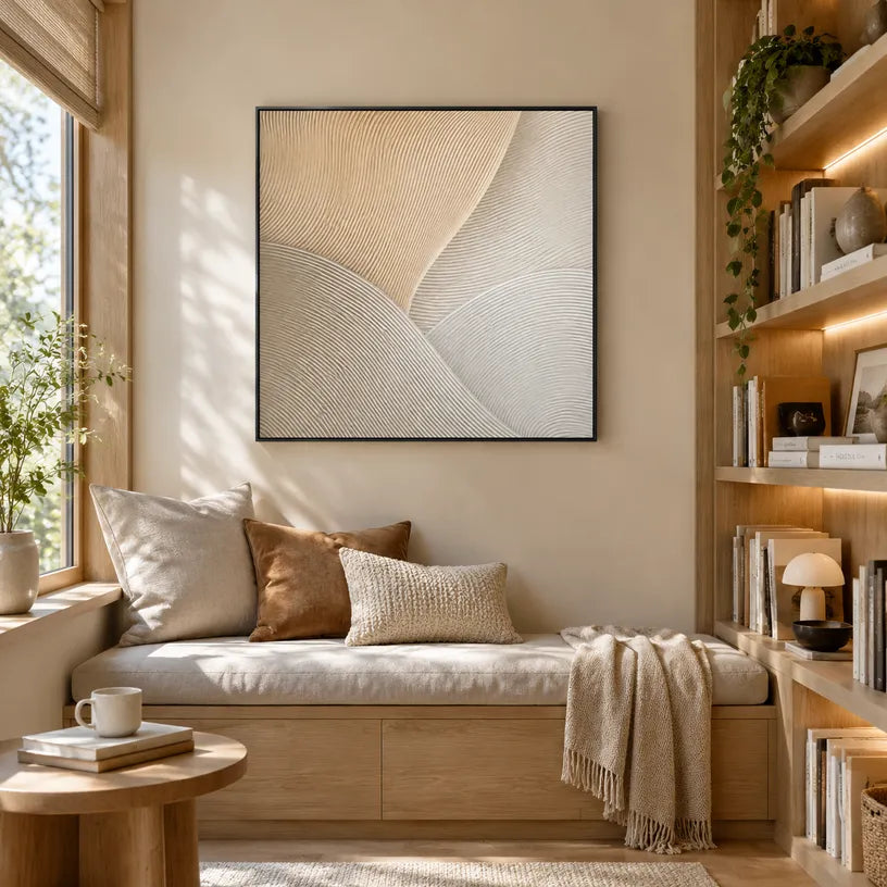 Wabi-Sabi abstract oil painting showing layered abstract marks, texture and expressive painterly movement in a brown palette.