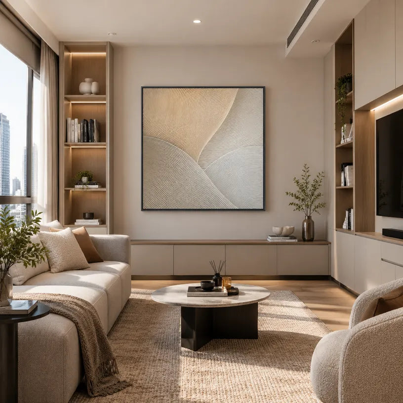 Wabi-Sabi abstract oil painting showing layered abstract marks, texture and expressive painterly movement in a brown palette.