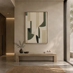 Wabi-Sabi abstract oil painting showing layered abstract marks, texture and expressive painterly movement in a beige palette.