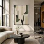 Wabi-Sabi abstract oil painting showing layered abstract marks, texture and expressive painterly movement in a beige palette.