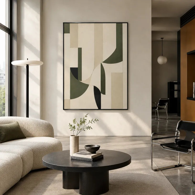 Wabi-Sabi abstract oil painting showing layered abstract marks, texture and expressive painterly movement in a beige palette.