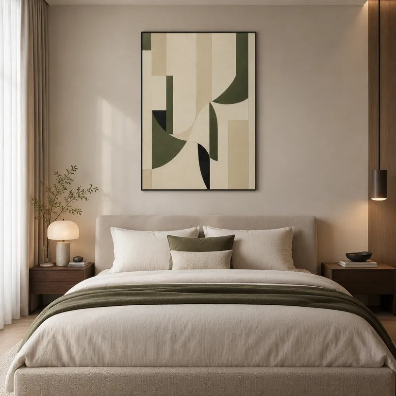 Wabi-Sabi abstract oil painting showing layered abstract marks, texture and expressive painterly movement in a beige palette.