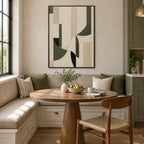 Wabi-Sabi abstract oil painting showing layered abstract marks, texture and expressive painterly movement in a beige palette.