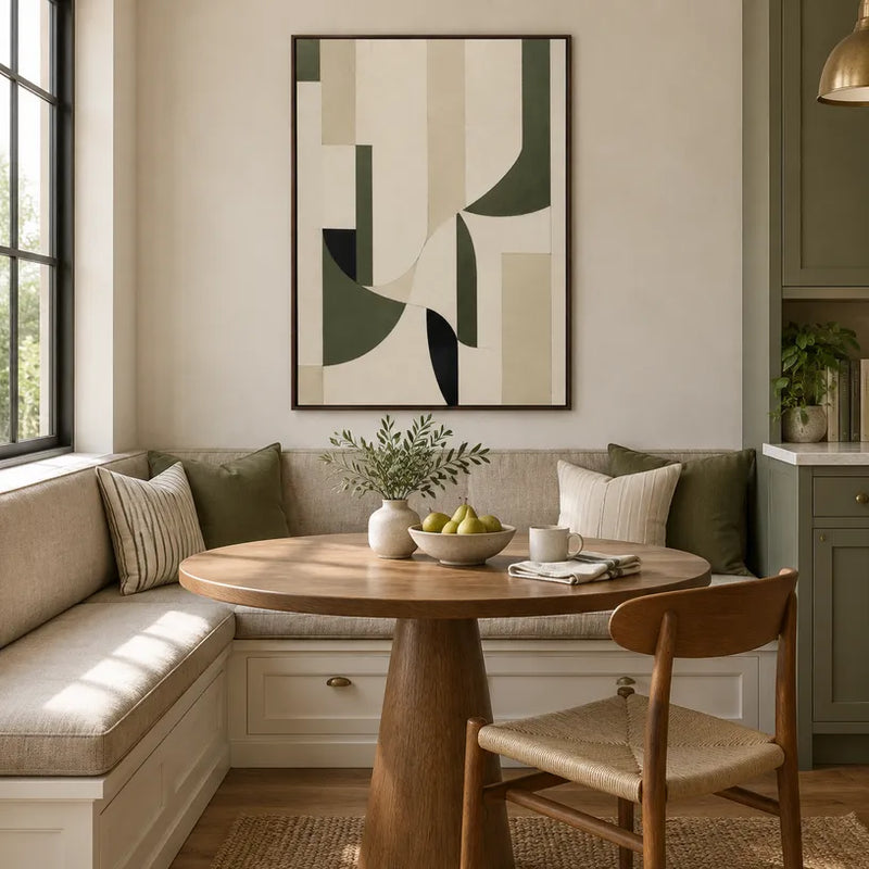 Abstraktes und konzeptuelles Ölgemälde von Wabi-Sabi mit geschichteten abstrakten Zeichen, Textur und ausdrucksstarker malerischer Bewegung in einer Beige-Palette.