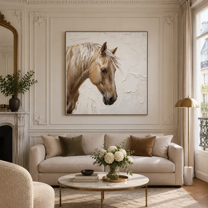 Wabi-Sabi-Tiere-Ölgemälde mit einem ausdrucksstarken Tiermotiv, das mit sichtbarer Pinselführung in einer braunen Palette wiedergegeben wurde.