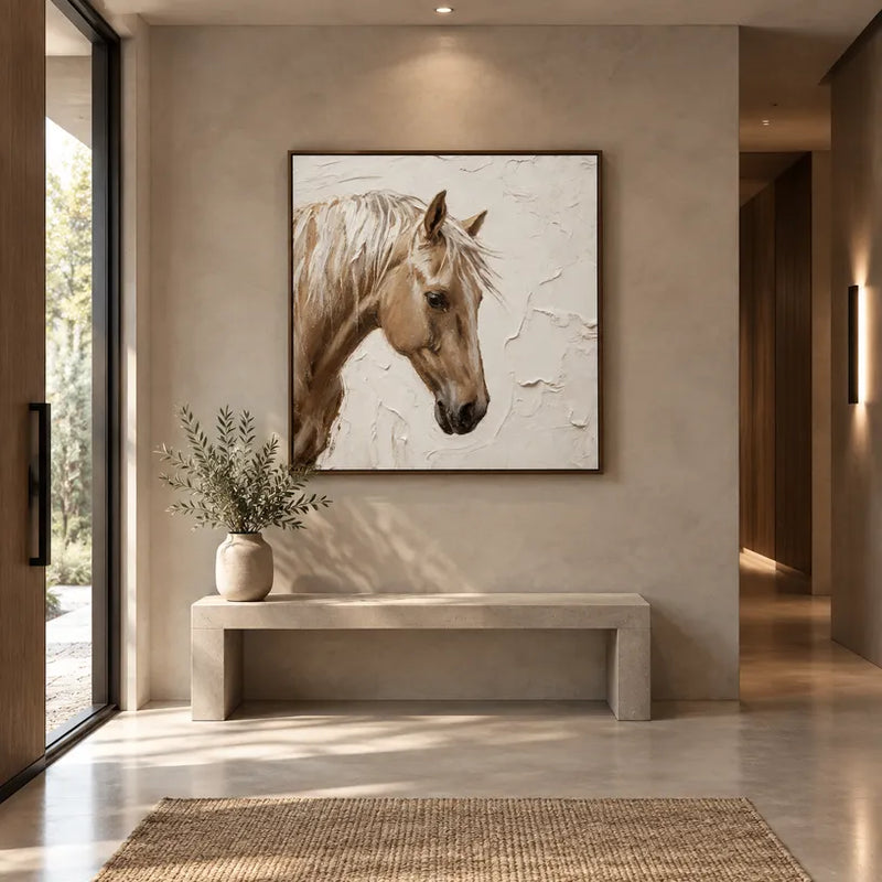 Wabi-Sabi-Tiere-Ölgemälde mit einem ausdrucksstarken Tiermotiv, das mit sichtbarer Pinselführung in einer braunen Palette wiedergegeben wurde.