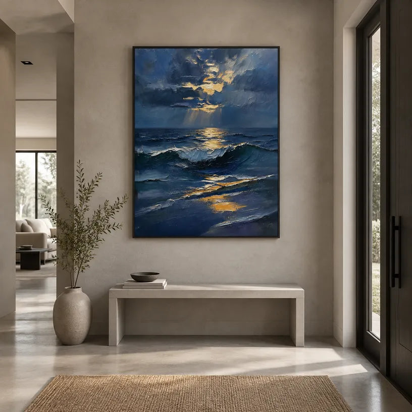 Wabi-Sabi abstract oil painting showing layered abstract marks, texture and expressive painterly movement in a blue palette.