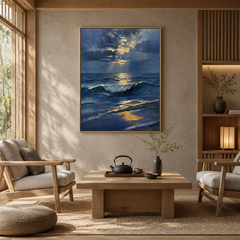 Wabi-Sabi abstract oil painting showing layered abstract marks, texture and expressive painterly movement in a blue palette.