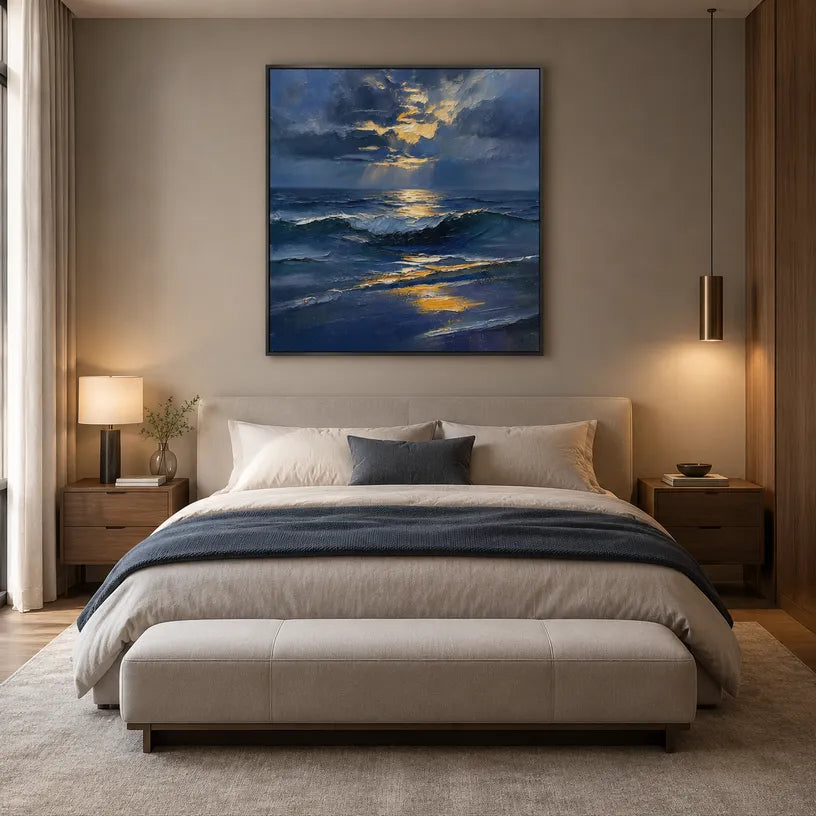 Wabi-Sabi abstract oil painting showing layered abstract marks, texture and expressive painterly movement in a blue palette.