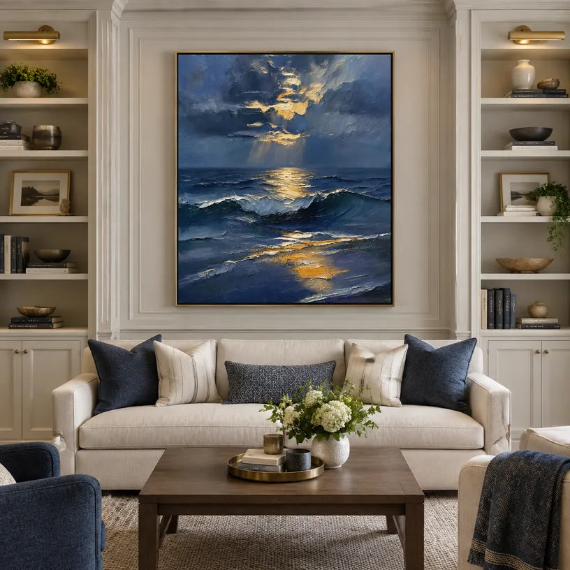 Wabi-Sabi abstract oil painting showing layered abstract marks, texture and expressive painterly movement in a blue palette.