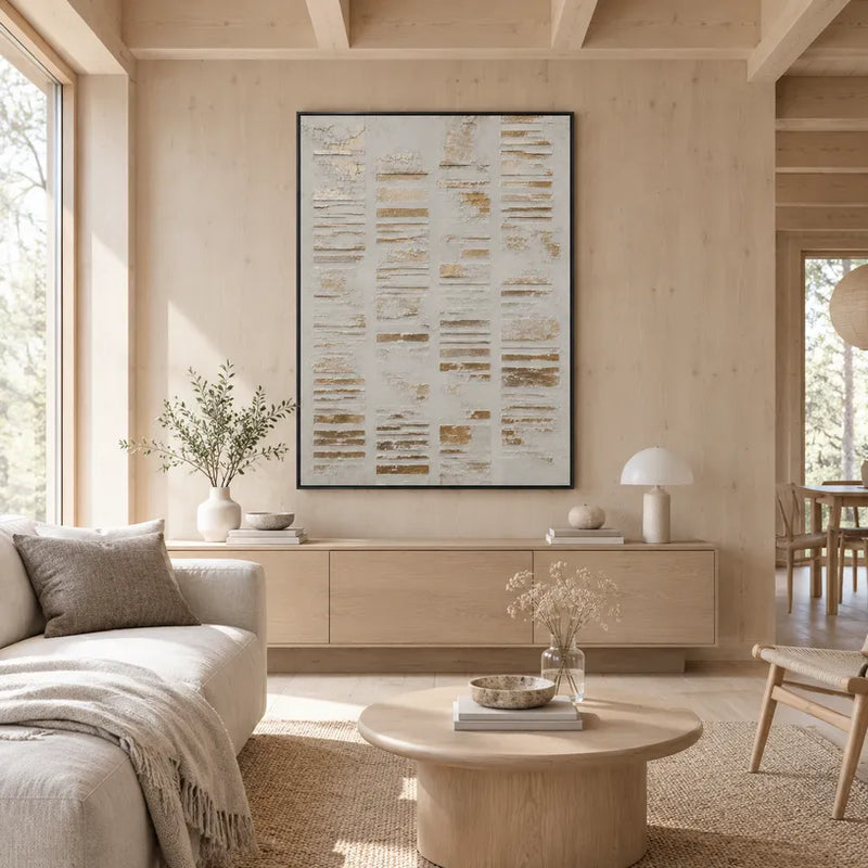Abstraktes und konzeptuelles Ölgemälde von Wabi-Sabi mit geschichteten abstrakten Zeichen, Textur und ausdrucksstarker malerischer Bewegung in einer grauen Palette.