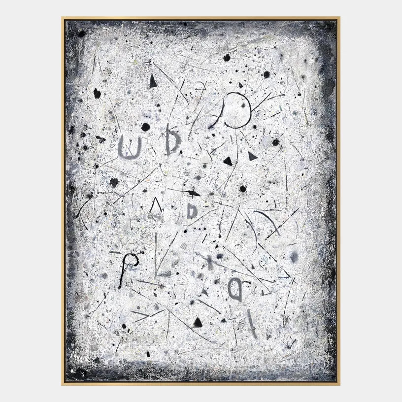 Wabi-Sabi abstract oil painting showing layered abstract marks, texture and expressive painterly movement in a grey palette.