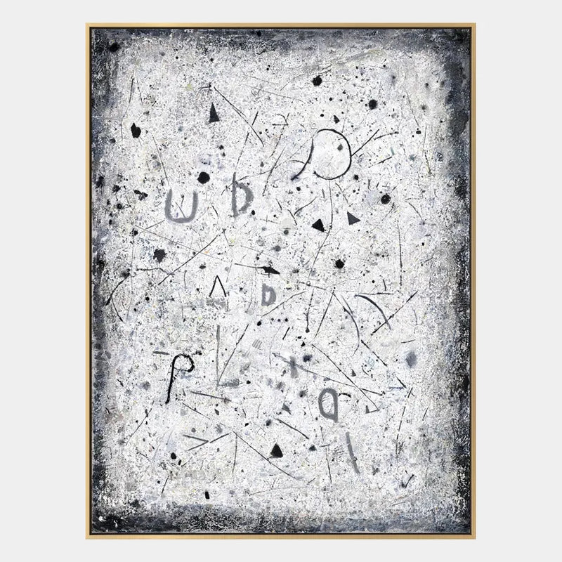 Pintura al óleo abstracta y conceptual Wabi-Sabi que presenta marcas abstractas en capas, textura y movimiento pictórico expresivo en una paleta gris.