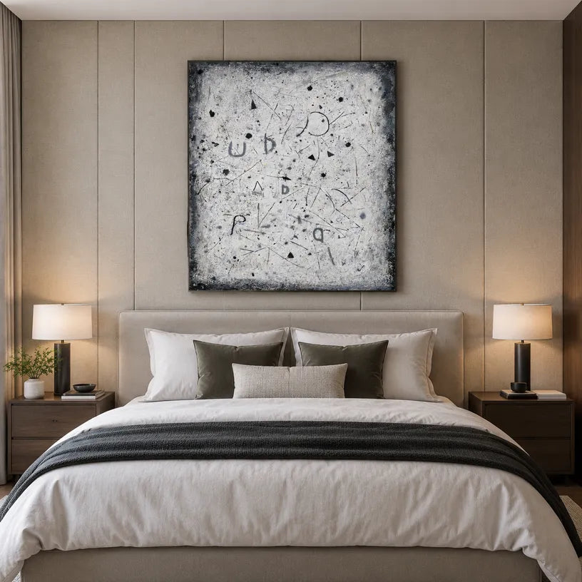 Wabi-Sabi abstract oil painting showing layered abstract marks, texture and expressive painterly movement in a grey palette.