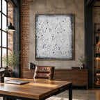 Wabi-Sabi abstract oil painting showing layered abstract marks, texture and expressive painterly movement in a grey palette.