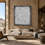 Wabi-Sabi abstract oil painting showing layered abstract marks, texture and expressive painterly movement in a grey palette.