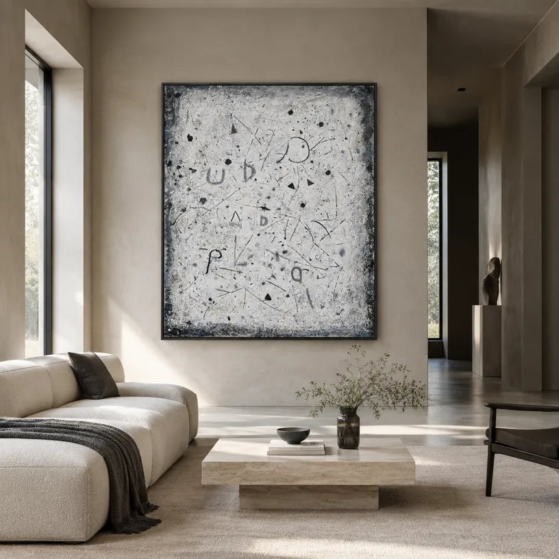 Wabi-Sabi abstract oil painting showing layered abstract marks, texture and expressive painterly movement in a grey palette.