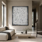 Wabi-Sabi abstract oil painting showing layered abstract marks, texture and expressive painterly movement in a grey palette.