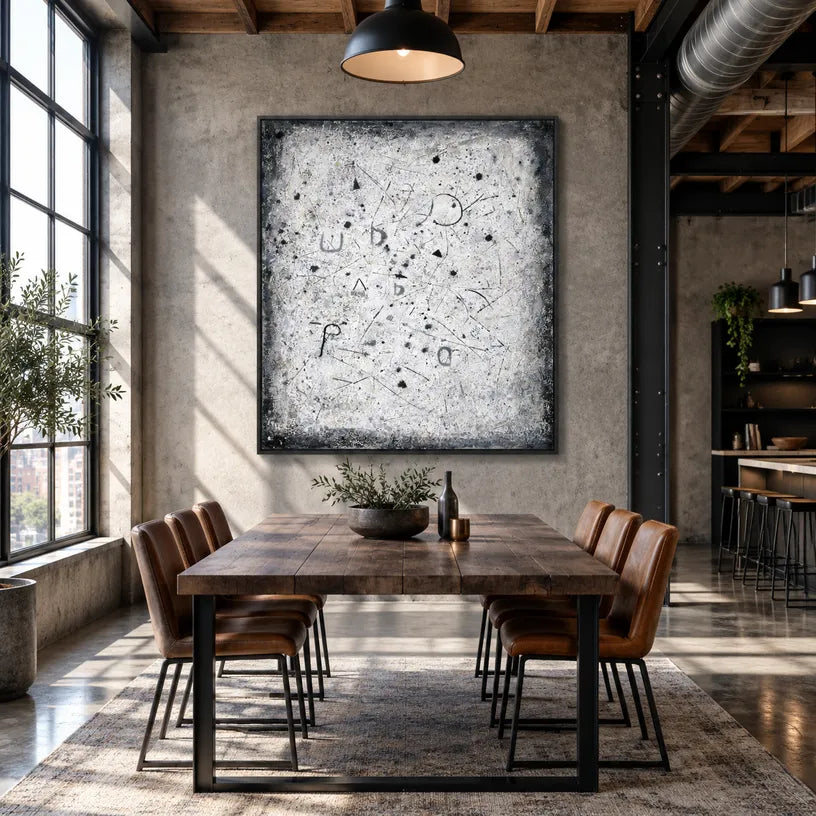 Wabi-Sabi abstract oil painting showing layered abstract marks, texture and expressive painterly movement in a grey palette.