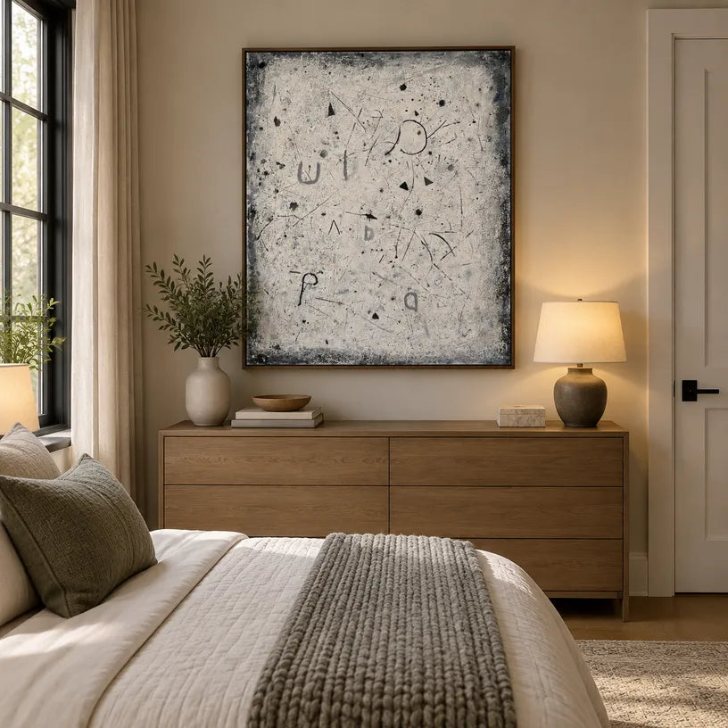 Wabi-Sabi abstract oil painting showing layered abstract marks, texture and expressive painterly movement in a grey palette.