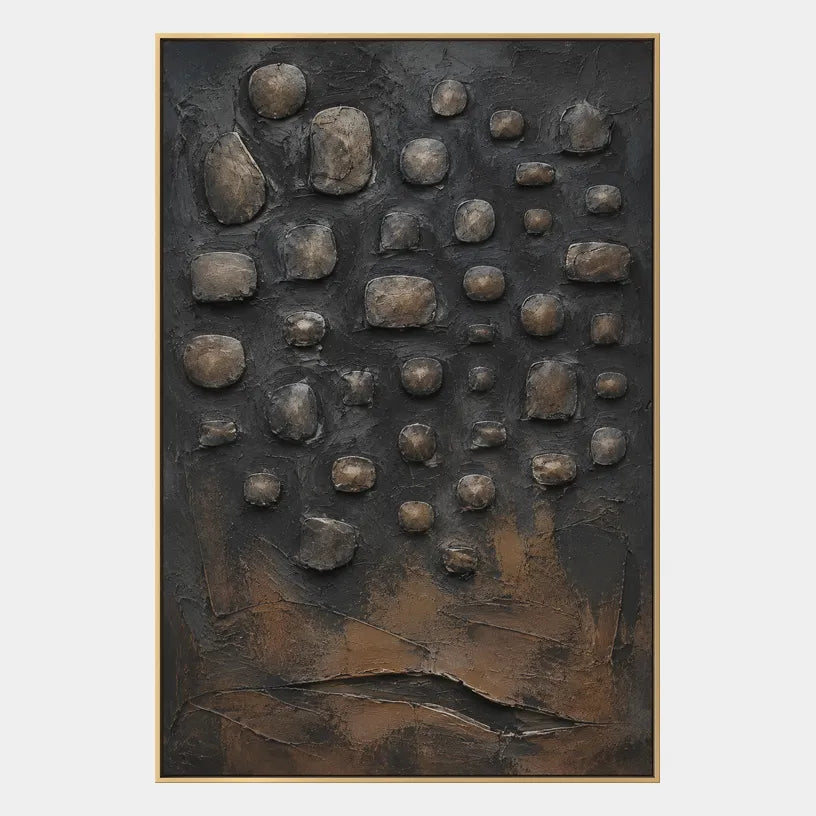 Wabi-Sabi abstract oil painting showing layered abstract marks, texture and expressive painterly movement in a black palette.