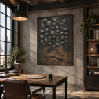 Wabi-Sabi abstract oil painting showing layered abstract marks, texture and expressive painterly movement in a black palette.