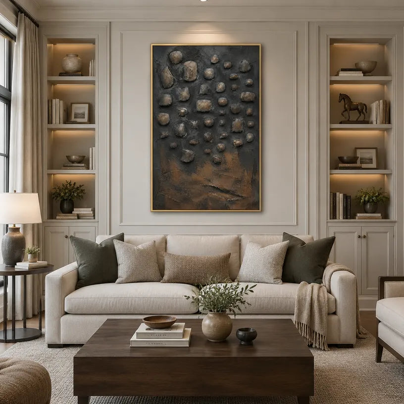 Wabi-Sabi abstract oil painting showing layered abstract marks, texture and expressive painterly movement in a black palette.