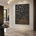 Wabi-Sabi abstract oil painting showing layered abstract marks, texture and expressive painterly movement in a black palette.