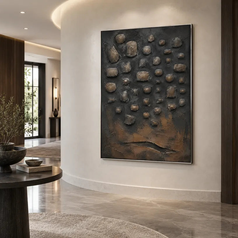 Wabi-Sabi abstract oil painting showing layered abstract marks, texture and expressive painterly movement in a black palette.