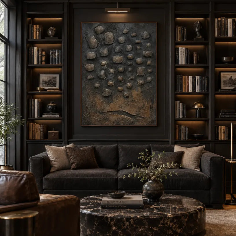 Wabi-Sabi abstract oil painting showing layered abstract marks, texture and expressive painterly movement in a black palette.