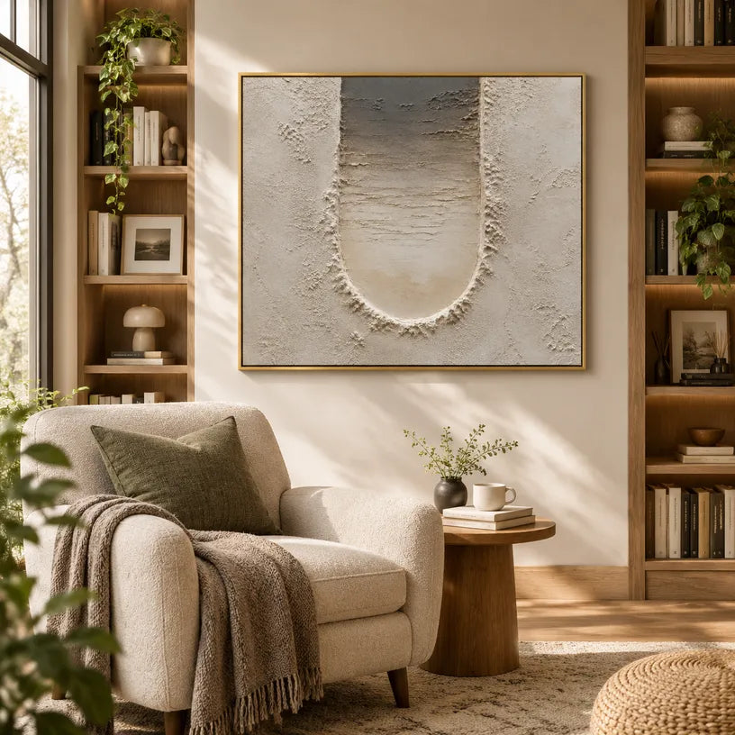 Wabi-Sabi abstract oil painting showing layered abstract marks, texture and expressive painterly movement in a brown palette.