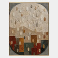 Peinture à l'huile abstraite et conceptuelle Wabi-Sabi présentant des marques abstraites superposées, une texture et un mouvement pictural expressif dans une palette beige.