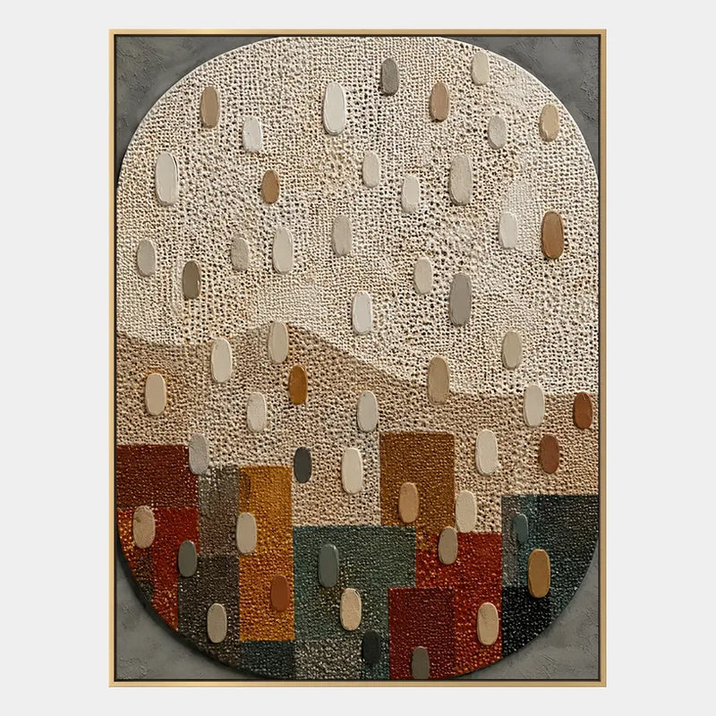 Peinture à l'huile abstraite et conceptuelle Wabi-Sabi présentant des marques abstraites superposées, une texture et un mouvement pictural expressif dans une palette beige.