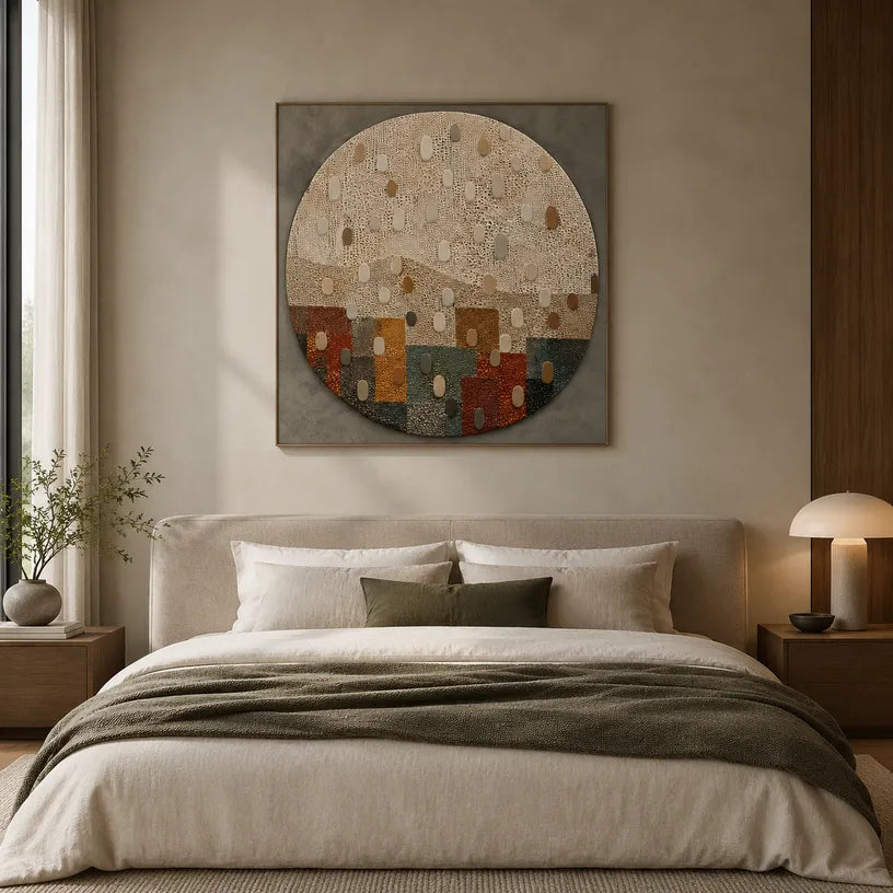 Wabi-Sabi abstract oil painting showing layered abstract marks, texture and expressive painterly movement in a brown palette.