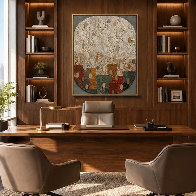 Wabi-Sabi abstract oil painting showing layered abstract marks, texture and expressive painterly movement in a brown palette.