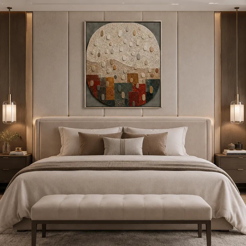Wabi-Sabi abstract oil painting showing layered abstract marks, texture and expressive painterly movement in a brown palette.
