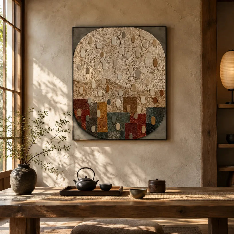 Wabi-Sabi abstract oil painting showing layered abstract marks, texture and expressive painterly movement in a brown palette.
