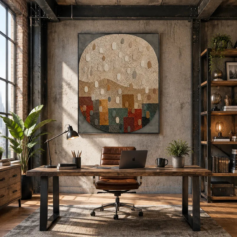 Wabi-Sabi abstract oil painting showing layered abstract marks, texture and expressive painterly movement in a brown palette.