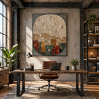 Wabi-Sabi abstract oil painting showing layered abstract marks, texture and expressive painterly movement in a brown palette.