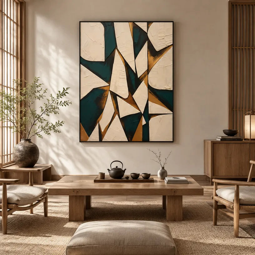 Wabi-Sabi abstract oil painting showing layered abstract marks, texture and expressive painterly movement in a beige palette.