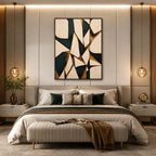 Wabi-Sabi abstract oil painting showing layered abstract marks, texture and expressive painterly movement in a beige palette.