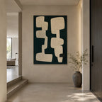 Wabi-Sabi abstract oil painting showing layered abstract marks, texture and expressive painterly movement in a black palette.